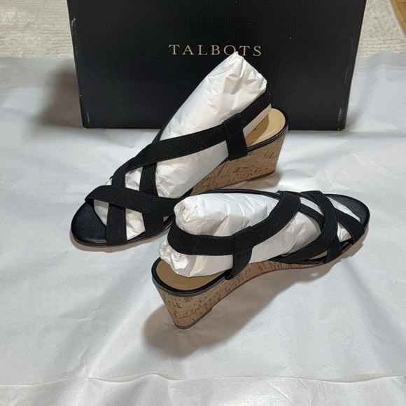 Talbots Black Royce Elastic straps sling back wedge cork heels sandals Sz 9M new - Picture 2 of 7